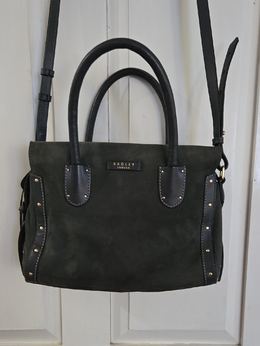 RADLEY LONDON Grey Suede Multiway Satchel with Gold Stud Accents